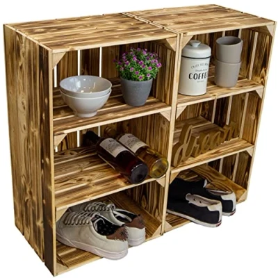 Abbildung von hohe Holzkiste &quot;Willi&quot; mit zwei kurzen Einlageböden / Zwischenbrettern 68x40x30cm HxBxT Schuhregal Bücherregal Nachttisch Weinregal Regalkiste Apfelkiste Weinkisten (2er Set, geflammt)