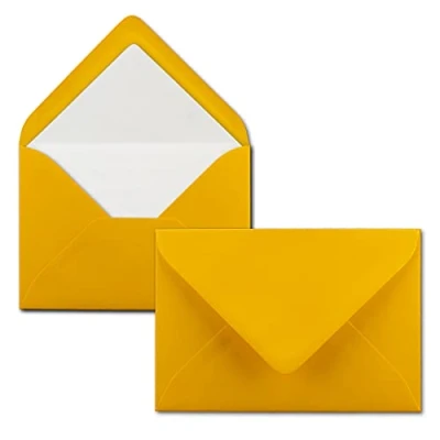 Abbildung von 50 Briefumschläge Goldgelb (Gelb, Matt) DIN C6 gefüttert mit weißem Seidenpapier 100 g/m² 11,4 x 16,2 cm Nassklebung NEUSER PAPIER
