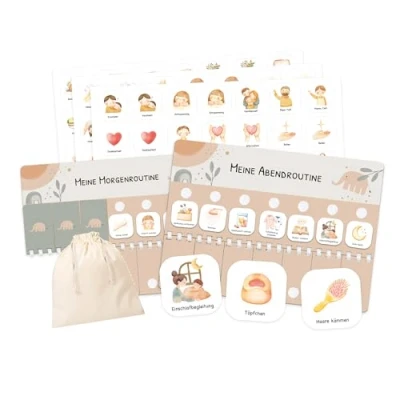 Abbildung von Routine Planer Kinder für Morgenroutine und Abendroutine Tagesplan mit Klett Punkten 105 Symbolkärtchen, Montessori Planer, Routinehilfe zum Umklappen (Elephant)