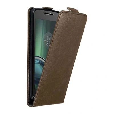 Abbildung von Cadorabo Hülle kompatibel mit Motorola Moto G4 Play Flip Design aus Premium Kunst Leder Klappbare Stoßfeste Magnetische Cover für Tasche in Braun