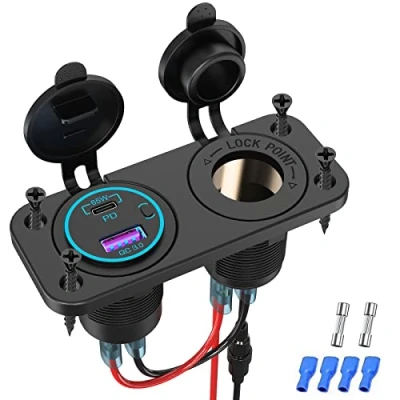 Abbildung von 83W USB C PD Steckdose 12V: KFZ Buchse Einbau Dose Wasserdicht 12 Volt Typ DC Adapter Stecker Ladegerät mit Schalter Panel LED Anschluss für MacBook iPhone Auto Wohnmobil Boot LKW Wohnwagen