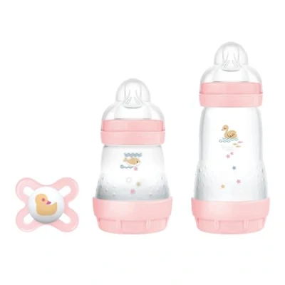 Abbildung von MAM Starter Set mit 2 Anti Kolik Fläschchen, 160 ml und 260 Sauger aus SkinSoft Silikon, Original Start Schnuller, 0+ Monate, rosa
