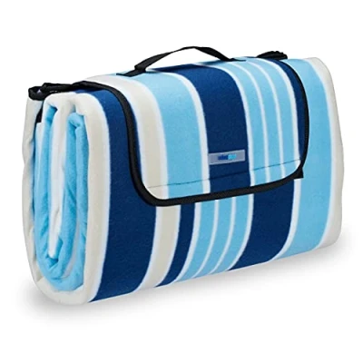 Abbildung von Relaxdays Picknickdecke XXL, 200 x cm, Fleece Stranddecke, wärmeisoliert, wasserdicht, mit Tragegriff, blau weiß