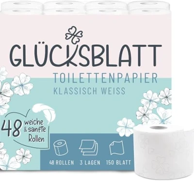Abbildung von Glücksblatt Toilettenpapier KLASSISCH WEISS, 3 lagig, 48 Rollen x 150 Blatt, 100% Zellstoff, weiches Klopapier mit Glücks Prägung, WC Papier, ideal für Camping, Verpackung aus mind. 30% PCR Anteil