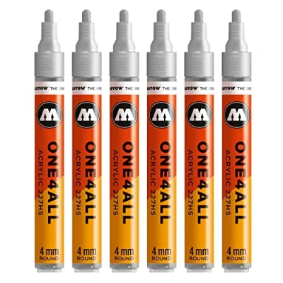 Abbildung von Molotow One4All 227HS Acryl Marker (4,0 mm Strichstärke, hochdeckend und permanent, UV beständig, für fast alle Untergründe) 6 Stück Farbe 227 metallic silber