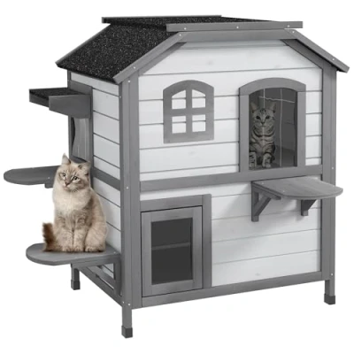 Abbildung von PawHut Tierhöhle Katzenhaus aus Holz, Outdoor Katzenhütte mit Treppe, 2 Etagen, für Katzen bis 4,5 kg, Weiß, 78 x 55,5 91 cm
