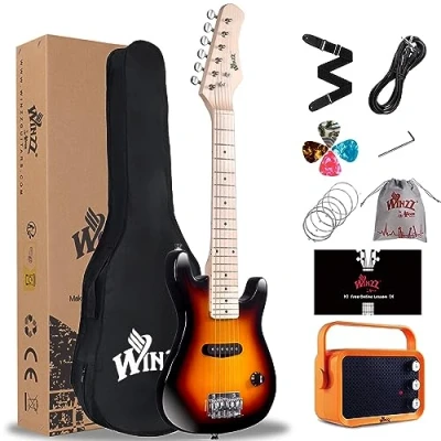 Abbildung von Winzz 30 Zoll Mini E Gitarre Kinder Ahorn Griffbrett Elektrische Anfänger Set für mit Verstärker (Sunburst)