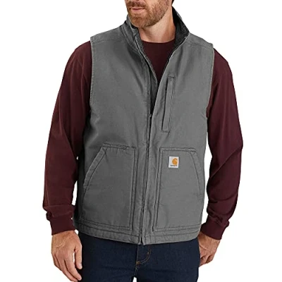 Abbildung von Carhartt Herren Weste mit lockerer Passform, Washed Duck Sherpa Futter und Stehkragen Work Utility Oberbekleidung, Kies, XL