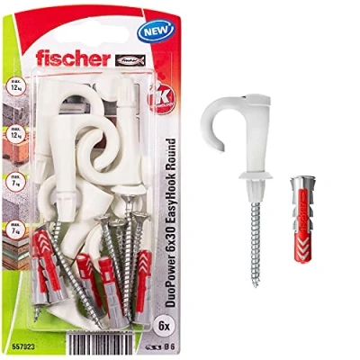 Abbildung von fischer EasyHook Round 6, Set aus 6 vielseitig einsetzbaren Rundhaken und passenden DuoPower 6x30 Dübeln, für die einfache &amp; schnelle Montage in zahlreichen Baustoffen