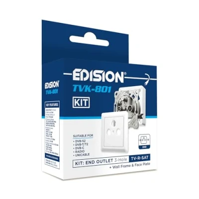 Abbildung von EDISION Antennendose SAT TVK 801 Kit: Enddose Stich TV R unterputz/aufputz 3 Loch inkl. Abdeckung und Aufputz Rahmen, DVB S2, Unicable, T/T2, C, Radio, FM, DAB+, DC Pass, Ausgänge