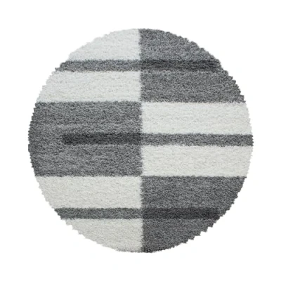 Abbildung von Carpettex Hochflor Teppich Wohnzimmer Shaggy Flokati Modern Kariert Design 160 cm Rund Hellgrau Schlafzimmer Weich Flauschig Waschbar Küche Esszimmer Langflor