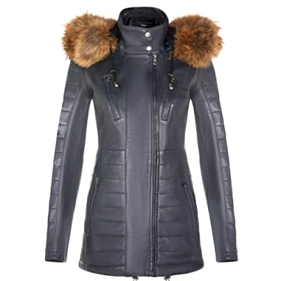 Abbildung von Infinity Leather Navy Blau Damen Leder Parka Jacke Gesteppte Abnehmbare Kapuze Regenmantel L