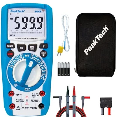 Abbildung von PeakTech 3443 Digital Multimeter mit LED Lampe, Wasserdicht (IP67), 6000 Counts, Extrem Robustes Gehäuse, Handmultimeter, Spannungsmesser, Durchgangsprüfer, Messung, Messgerät CAT III 1000 V, blau