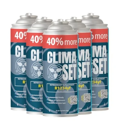 Abbildung von ClimaSet R1234yf Kältemittel Ersatzgas Kühlmittel Klima Auto Gasflasche 5x235 g Klimaanlage Nachfüllset Wohnmobil ECO Refill Dose