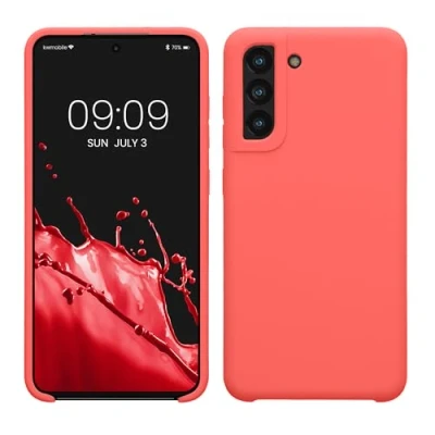 Abbildung von kwmobile Hülle kompatibel mit Samsung Galaxy S21 FE Silikon Handy Case Handyhülle weiche Oberfläche kabelloses Laden Neon Koralle