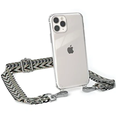 Abbildung von EAZY CASE Handykette Verstellbarer Trageriemen kompatibel mit iPhone 11 Pro, Handykordel Schutzhülle durchsichtig, Riemen für Handyketten, Grün/Schwarz Metall Silber
