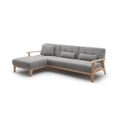 Abbildung von Cavadore Ecksofa Billan / Schlafsofa im skandinavischen Design mit Longchair, Bett und massivem Holzgestell in Buche 264 x 88 183 Mikrofaser, Grau