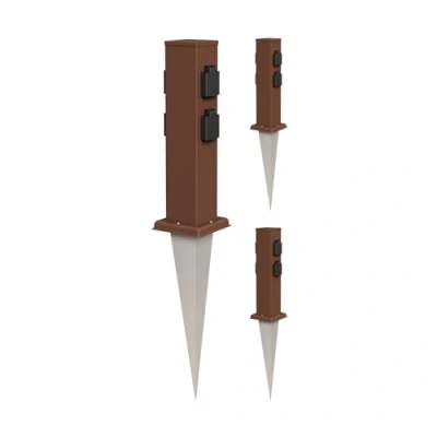 Abbildung von ledscom.de 3 Stück Garten Steckdosen Säule Polly mit Erdspieß für außen, IP44, 4 Fach, Edelstahl, eckig, braun, 40cm