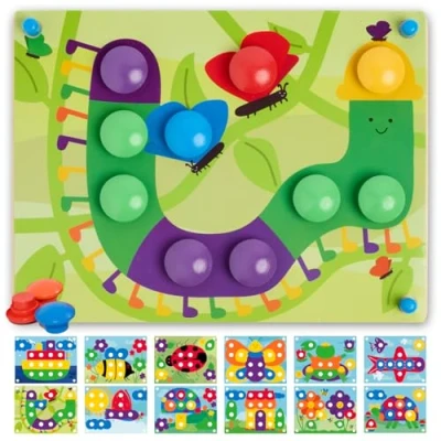 Abbildung von Nene Toys Holz Steckspiel für Kleinkinder ab 2 Jahren Mosaik Kinder 3 Jahre Montessori Spielzeug mit Bunten Knöpfen &amp; Zuordnungskarten Lernspiele jährige Jungen Mädchen
