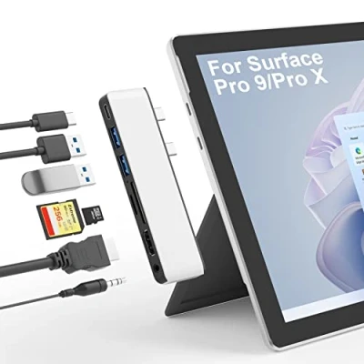 Abbildung von Surface Pro 11/10/9 Dockingstation mit 4K HDMI, USB C Thunerbolt 4 (Display+Daten+PD), 3.0 * 2, SD/TF Kartenleser, 3,5 mm Audio, 9 Zubehör für Microsoft 11/Pro 10/Pro