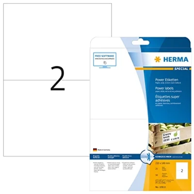 Abbildung von HERMA 10910 Power Etiketten, 800 Blatt, 210 x 148 mm, 2 pro A4 Bogen, 1600 Stück, selbstklebend, bedruckbar, extrem stark haftend, blanko Papier Klebeetiketten Aufkleber, weiß