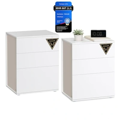Abbildung von VASAGLE Nachttisch, 2er Set, Beistelltisch 3 Schubladen, Superschnelle werkzeuglose Montage, Nachtschrank, Schlafzimmer, Wohnzimmer, Toolless Technologie, mattweiß cappuccinobeige LET779W01