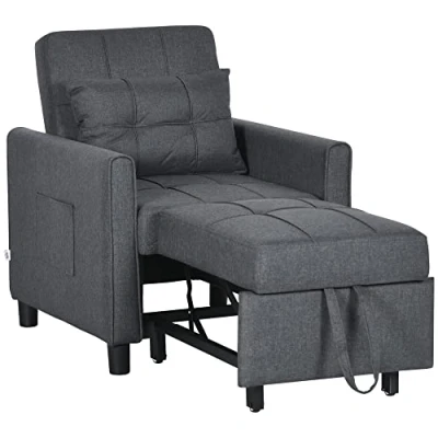 Abbildung von HOMCOM Einzelsessel Bett mit 3 stufiger Verstellbarer Rückenlehne, 2 Rollen und Kissen, faltbares Einzelsofa für Wohnzimmer in Leinen Effekt Stoff Holz, 69x82x85cm, Grau