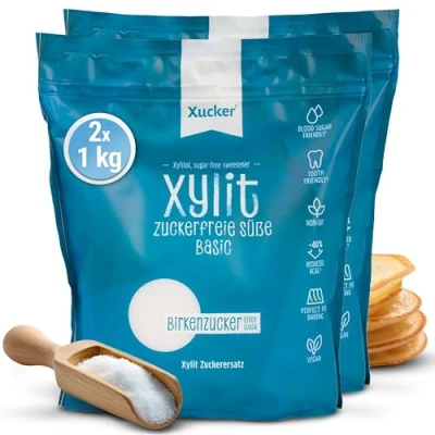Abbildung von Xucker Basic Xylit Birkenzucker 2x 1kg Nachfüllbeutel kalorienreduzierter Zuckerersatz I zahnfreundliche Kristallzucker Alternative zum Kochen &amp; Backen natürliche Süße zuckerfrei