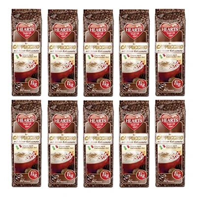 Abbildung von HEARTS Cappuccino mit feiner Kakaonote 10 x 1kg Vorratspackung ca. 80 Tassen pro Beutel Intensives Aroma, Milchig &amp; Cremig, praktische Familienpackung