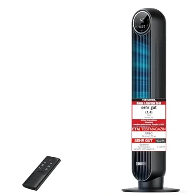 Abbildung von Dreo 20dB Leiser Turmventilator, 10 m Wurfweite 4 Geschwindigstufen Modi 8 Std. Timer 90 oszillierende Ventilator mit Kühlung Fernbedienung für Schlafzimmer, Nomad One, Schwarz
