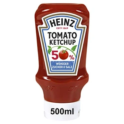 Abbildung von Heinz Tomato Ketchup 50 Prozent weniger Zucker und Salz* Tomatenketchup in Kopfsteherflasche 10 x 500 ml