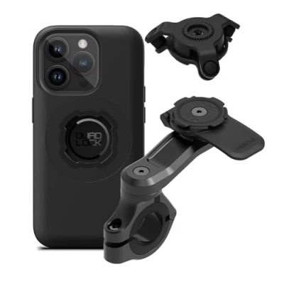 Abbildung von Quad Lock Motorrad Lenkerhalterung Pro Kit mit Vibrationsdämpfer und iPhone 14 MAG Hülle