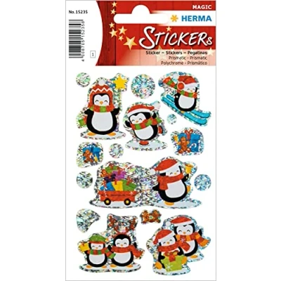 Abbildung von HERMA 15235 Aufkleber Pinguin Glitzer klein groß, 8 Stück, Weihnachten Sticker aus Hologramm Folie, Kinder Etiketten für Weihnachtsdeko Geschenke Adventskalender Winter Deko Scrapbooking DIY Basteln