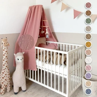 Abbildung von lilimaus Betthimmel Babybett mit Goldapplikationen [in 12 Farben] Himmel aus 100% Baumwolle Musselin Mädchen &amp; Jungen Himmelbett Kinderzimmer Babyzimmer Deko Baby Bett