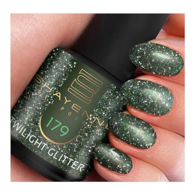 Abbildung von SHAYENNE MADE in GERMANY Shellac Gel Nagellack 15 ml für UV LED Lampe 179 Twilight Glitter Grün Glitzer Nail Polish for Lamp Nagel Lack Gellack Nagelgel