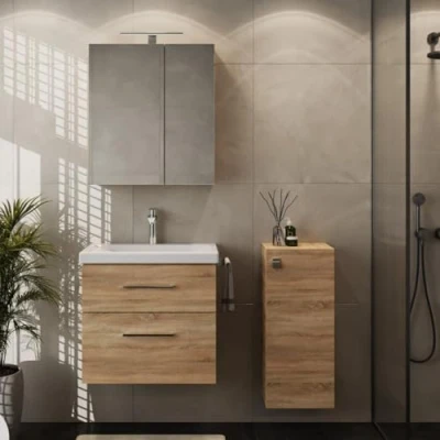 Abbildung von Planetmöbel Badset komplett aus Unterschrank 63cm mit Waschbecken, Spiegelschrank und 1x Midischrank in Sonoma Eiche, Komplettset für Badezimmer 4 teilig