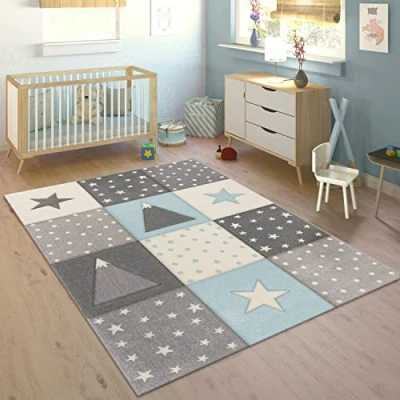Abbildung von Paco Home Kinderteppich &quot;Cosmo 340&quot;, rechteckig, Kurzflor, Pastell Farben, 3D Effekt, Motiv Berge, Punkte &amp; Sterne