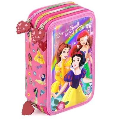 Abbildung von Clondo Mädchen Federmäppchen 3 Fach gefüllt, Für Disney Prinzessinnen Fan, 45 TLG., Rosa, Radierbare Gelstifte, Filzstifte, Buntstifte, Schere, Kleber, Mit Reißverschlussfächern