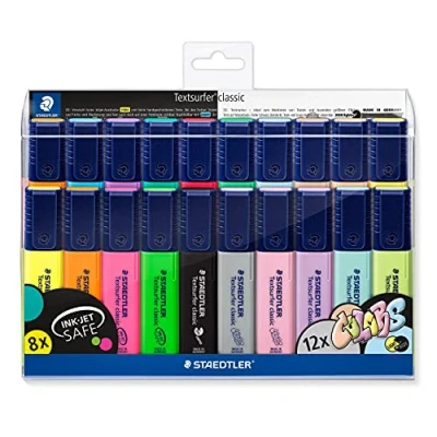Abbildung von STAEDTLER Textmarker Textsurfer classic, großer Tintenspeicher, sekundenschnell trocken, ca. 1 5 mm Keilspitze, nachfüllbar, INK JET SAFE, 20 im Etui, 364 WP20