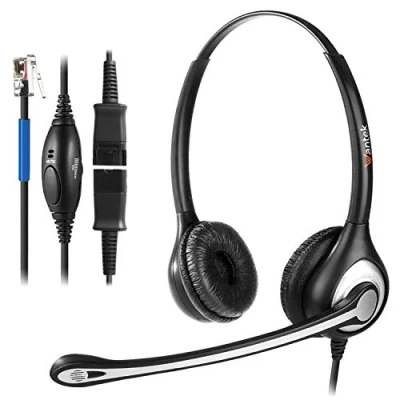 Abbildung von Wantek Telefon Headset RJ9 Binaural mit Noise Cancelling Mikrofon, Lautstärkeregler, Call Center Kopfhörer für Verstärker oder Cisco 7940 7942 Office IP Telefone(F602QC1)