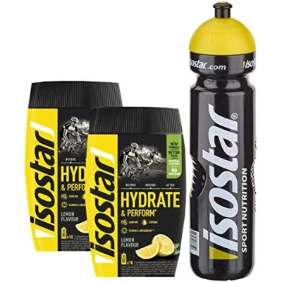 Abbildung von Isostar Hydrate &amp; Perform Zitrone 2x400g Pulver 2er Angebotspack + Original 1000ml Trinkflasche