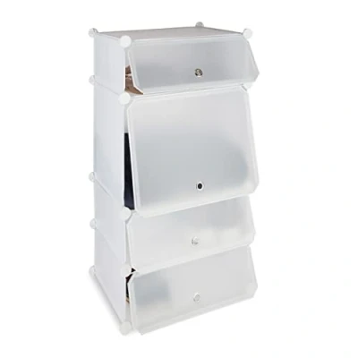 Abbildung von Relaxdays, weiß Kunststoff, Regalsystem, Steckregal, mit Türen, für 8 Paar, HBT 91 x 49 36,5 cm, Schuhregal System 4 Fächer