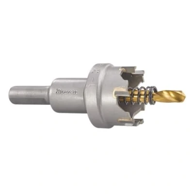 Abbildung von Starrett Hartmetall bestückte Lochsäge SM32 Blechschneider mit Dorn und Zentrierbohrer zum Bohren von Edelstahl Aluminiumlegierungen grau, 32 mm