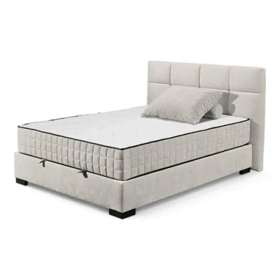 Abbildung von NAGOL A Boxbett 120x200, Denim Bequemes Bett mit Bettkasten und Premium 9 Zonen Federkern Wendematratze 145 x 114 214 cm (B/H/T)