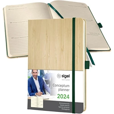 Abbildung von SIGEL C2474 Terminplaner Wochenkalender 2024, ca. A5, echtes Bambuscover, Hardcover, 192 Seiten, Gummiband, Stiftschlaufe, Archivtasche, PEFC zertifiziert, Conceptum