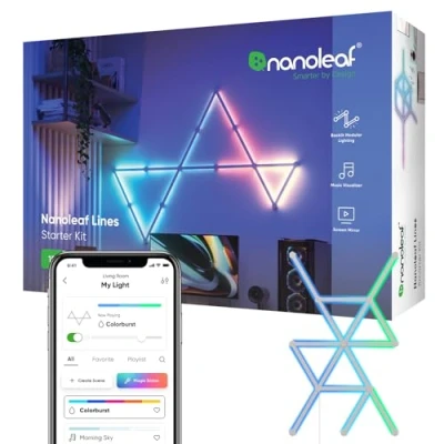 Abbildung von Nanoleaf Lines 60 Grad Starter Kit, 15 Smarten LED RGBW Lichtleisten Modulare WLAN 16 Mio. Farben Wandleuchte Innen, Musik &amp; Bildschirm Sync, Funktioniert mit Alexa Google Apple, für Deko Gaming