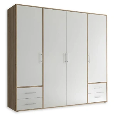 Abbildung von Stella Trading Kleiderschrank in Eiche Sonoma Optik, Weiß Vielseitiger Drehtürenschrank 4 türig mit viel Stauraum für Ihr Schlafzimmer 206 x 195 60 cm (B/H/T)