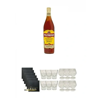 Abbildung von Wilthener Goldkrone Weinbrand 3,0 Liter Magnum + Schiefer Glasuntersetzer eckig 6 x ca. 9,5 cm Durchmesser Shotglas Stück Glas
