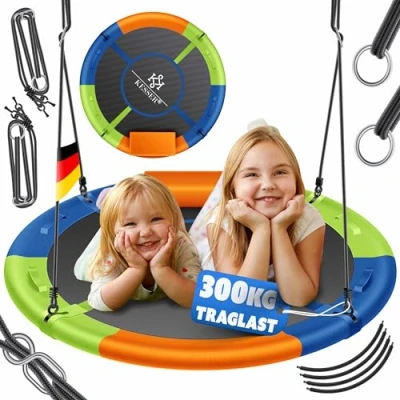 Abbildung von KESSER® Nestschaukel Tellerschaukel Hängeschaukel Rundschaukel Ø 100cm Schaukel bis 300kg belastbar mit Kissen &amp; 4 Griffen verstellbar Kinderschaukel Indoor Outdoor für Kinder Erwachsene Bunt