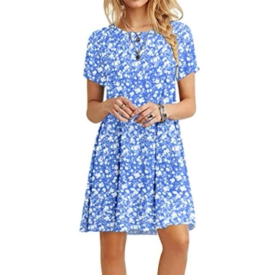 Abbildung von MOLERANI Damen Sommerkleider Casual T Shirt Kurzarm Strandkleid Loose Swing Kleid (L, Blaue, weiße Blume)